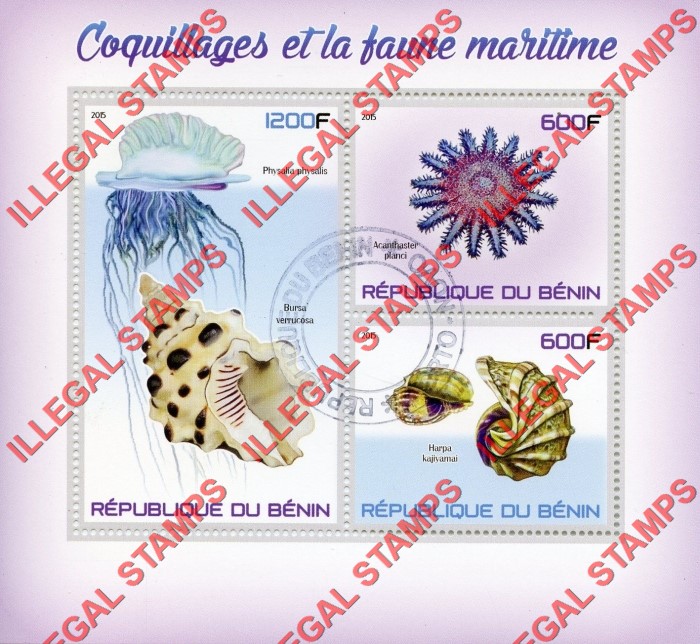 Benin 2015 Shells and Marine Fauna Illegal Stamp Souvenir Sheet of 3 Benin 2015 Shells and Marine Fauna Illegal Stamp Souvenir Sheet of 3