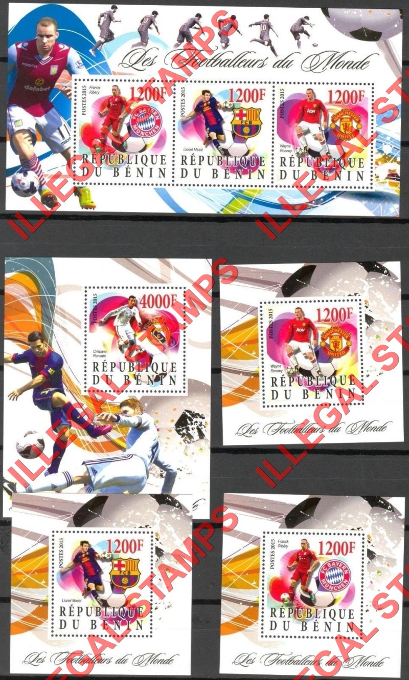 Benin 2015 Soccer Illegal Stamp Souvenir Sheets of 3 and 1 Benin 2015 Soccer Illegal Stamp Souvenir Sheets of 3 and 1