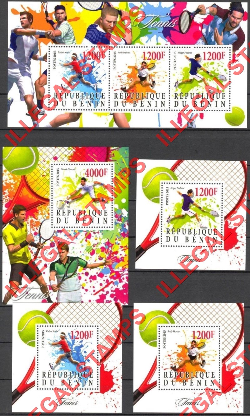 Benin 2015 Tennis Illegal Stamp Souvenir Sheets of 3 and 1 Benin 2015 Tennis Illegal Stamp Souvenir Sheets of 3 and 1