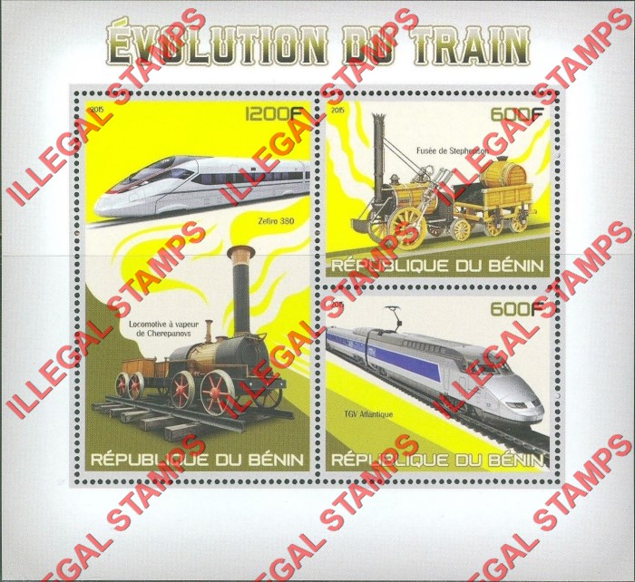 Benin 2015 Trains Illegal Stamp Souvenir Sheet of 3 Benin 2015 Trains Illegal Stamp Souvenir Sheet of 3