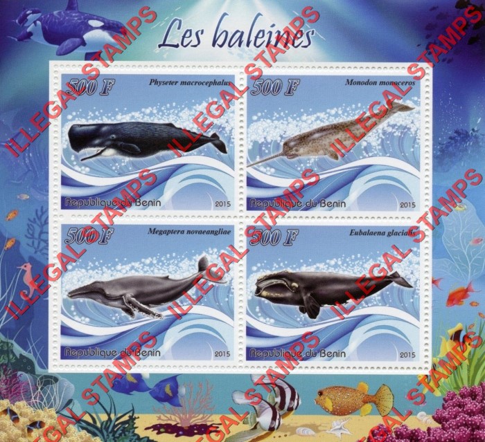 Benin 2015 Whales Illegal Stamp Souvenir Sheet of 4 Benin 2015 Whales Illegal Stamp Souvenir Sheet of 4