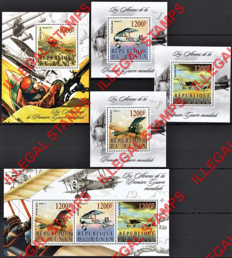 Benin 2015 World War I Fighter Planes Illegal Stamp Souvenir Sheets of 3 and 1 Benin 2015 World War I Fighter Planes Illegal Stamp Souvenir Sheets of 3 and 1