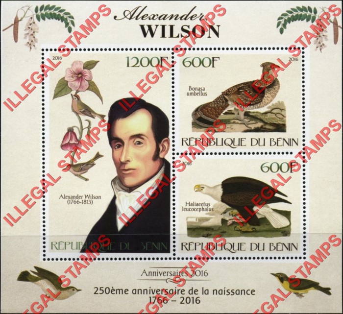 Benin 2016 Alexander Wilson Illegal Stamp Souvenir Sheet of 3 Benin 2016 Alexander Wilson Illegal Stamp Souvenir Sheet of 3