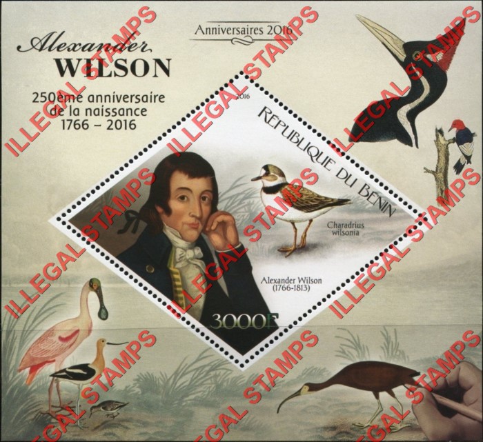 Benin 2016 Alexander Wilson Illegal Stamp Souvenir Sheet of 1 Benin 2016 Alexander Wilson Illegal Stamp Souvenir Sheet of 1