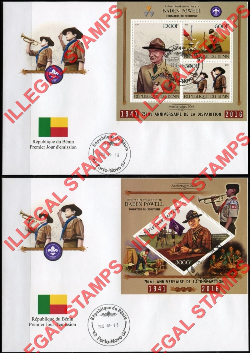 Benin 2016 Baden Powell Scouts Illegal Stamp Souvenir Sheets on Fake First Day Covers Benin 2016 Baden Powell Scouts Illegal Stamp Souvenir Sheets on Fake First Day Covers