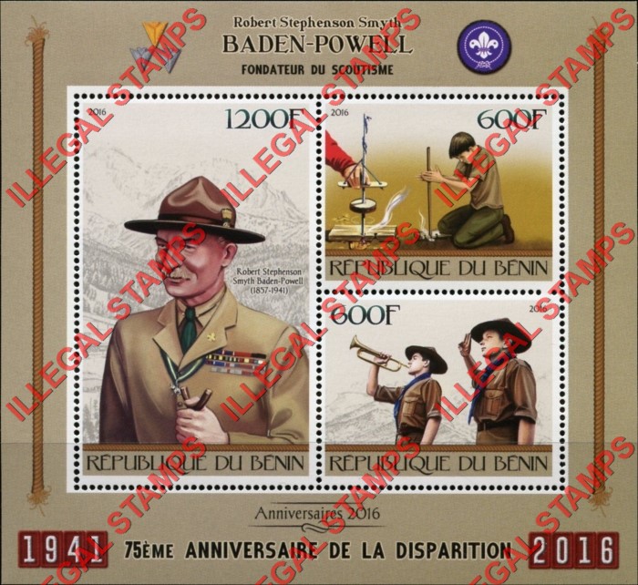 Benin 2016 Baden Powell Scouts Illegal Stamp Souvenir Sheet of 3 Benin 2016 Baden Powell Scouts Illegal Stamp Souvenir Sheet of 3