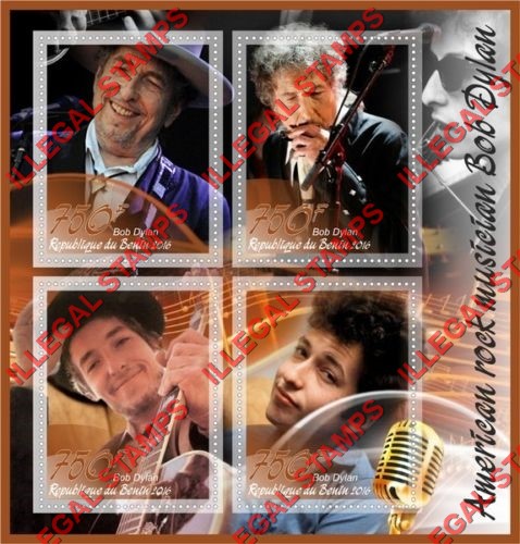 Benin 2016 Bob Dylan Illegal Stamp Souvenir Sheet of 4 Benin 2016 Bob Dylan Illegal Stamp Souvenir Sheet of 4