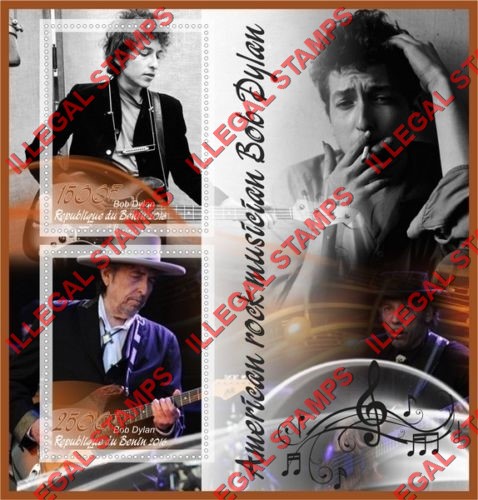 Benin 2016 Bob Dylan Illegal Stamp Souvenir Sheet of 2 Benin 2016 Bob Dylan Illegal Stamp Souvenir Sheet of 2