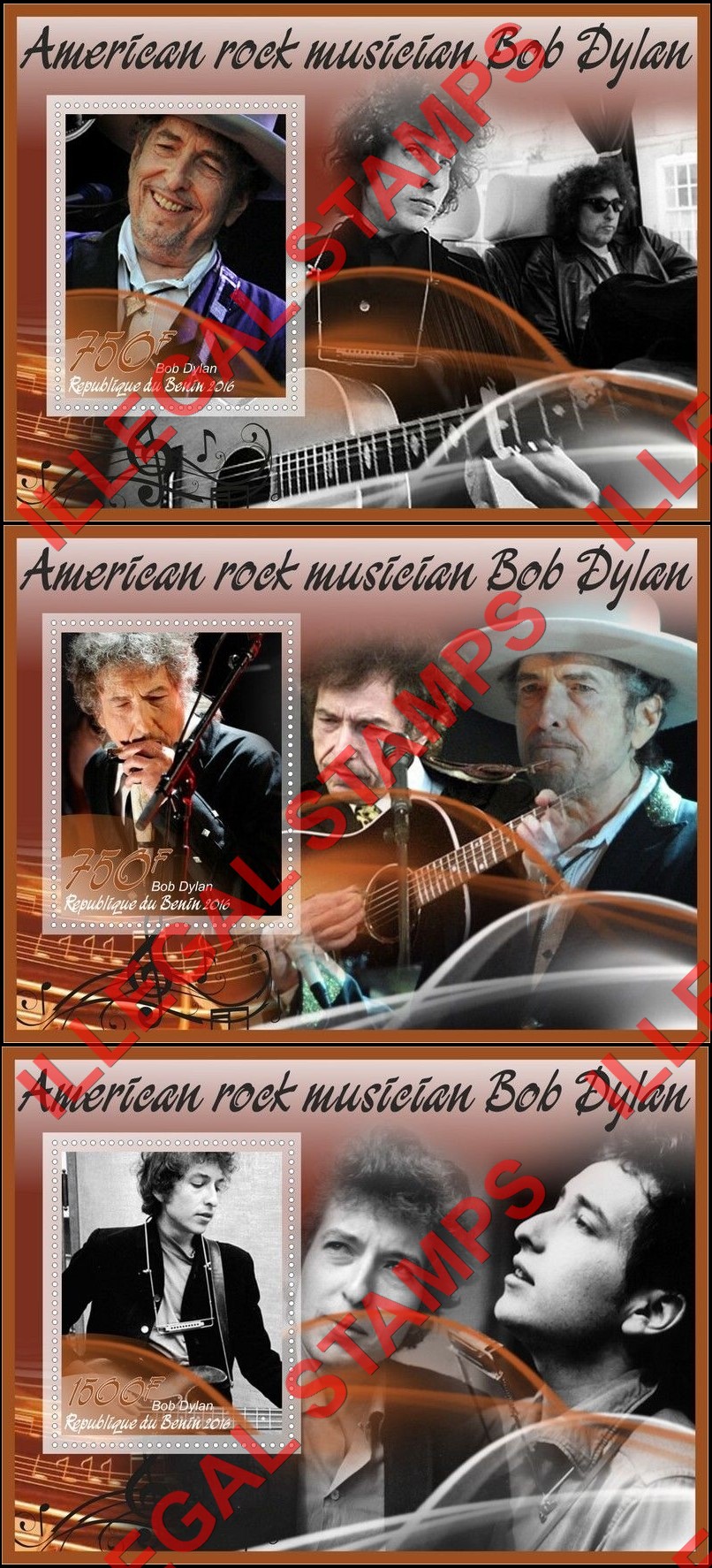 Benin 2016 Bob Dylan Illegal Stamp Souvenir Sheets of 1 (Part 1) Benin 2016 Bob Dylan Illegal Stamp Souvenir Sheets of 1 (Part 1)