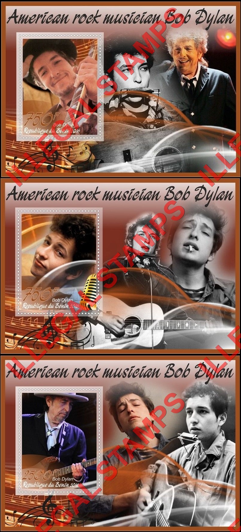 Benin 2016 Bob Dylan Illegal Stamp Souvenir Sheets of 1 (Part 2) Benin 2016 Bob Dylan Illegal Stamp Souvenir Sheets of 1 (Part 2)