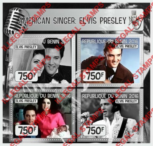 Benin 2016 Elvis Presley Illegal Stamp Souvenir Sheet of 4 Benin 2016 Elvis Presley Illegal Stamp Souvenir Sheet of 4