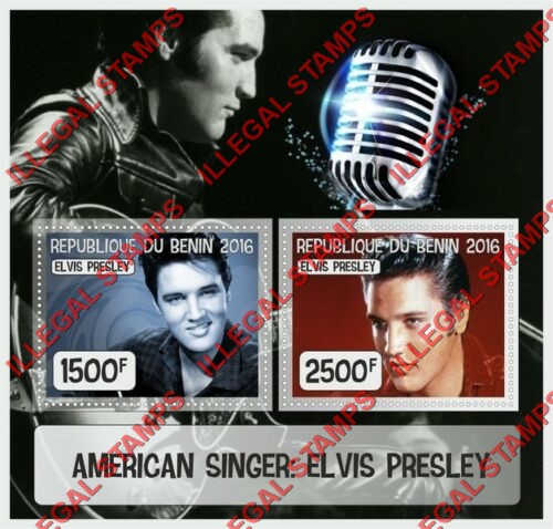 Benin 2016 Elvis Presley Illegal Stamp Souvenir Sheet of 2 Benin 2016 Elvis Presley Illegal Stamp Souvenir Sheet of 2