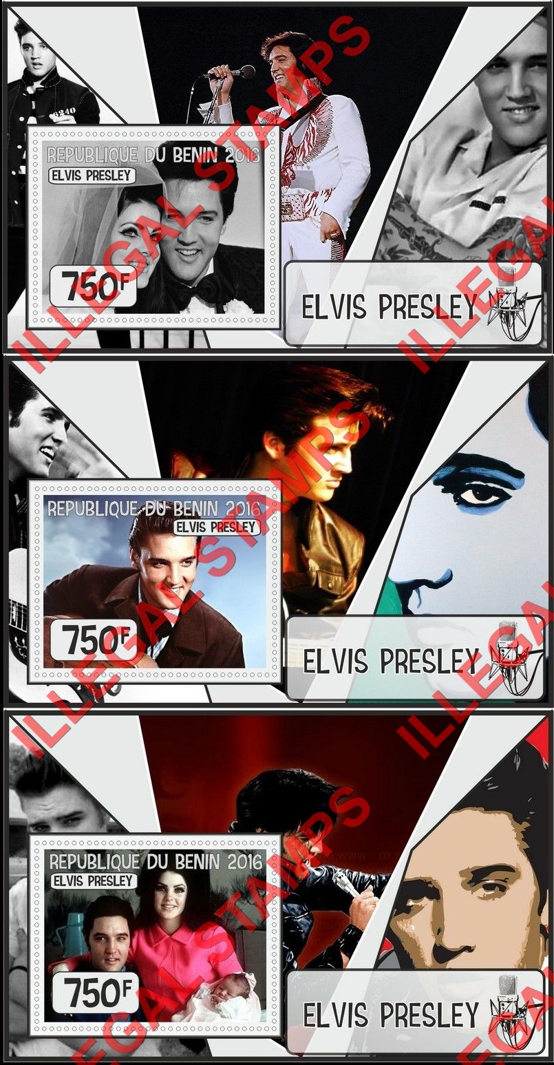 Benin 2016 Elvis Presley Illegal Stamp Souvenir Sheets of 1 (Part 1) Benin 2016 Elvis Presley Illegal Stamp Souvenir Sheets of 1 (Part 1)