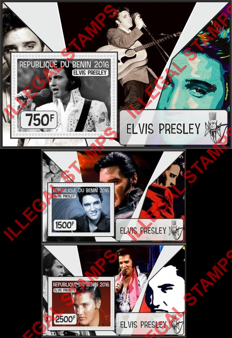 Benin 2016 Elvis Presley Illegal Stamp Souvenir Sheets of 1 (Part 2) Benin 2016 Elvis Presley Illegal Stamp Souvenir Sheets of 1 (Part 2)