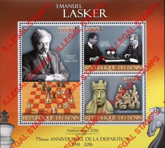 Benin 2016 Emanuel Lasker Chess Illegal Stamp Souvenir Sheet of 3 Benin 2016 Emanuel Lasker Chess Illegal Stamp Souvenir Sheet of 3