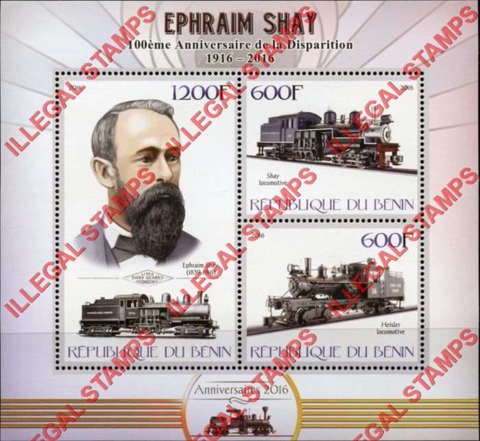 Benin 2016 Ephraim Shay Trains Illegal Stamp Souvenir Sheet of 3 Benin 2016 Ephraim Shay Trains Illegal Stamp Souvenir Sheet of 3