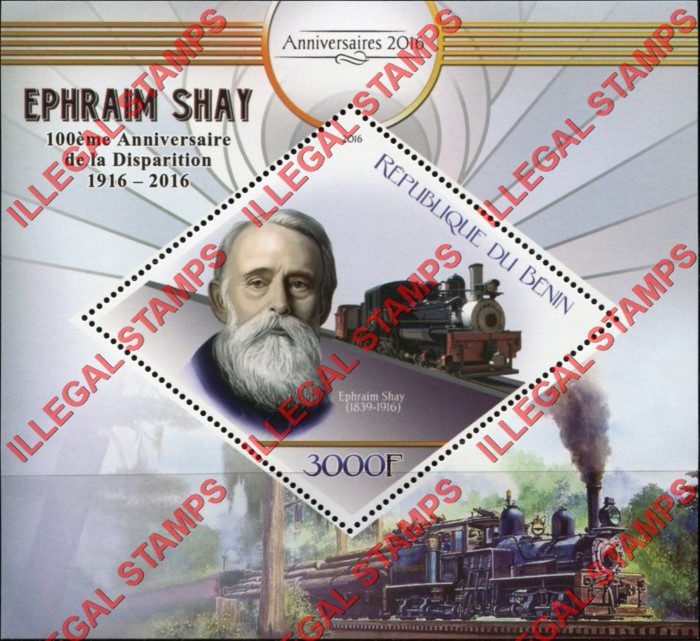 Benin 2016 Ephraim Shay Trains Illegal Stamp Souvenir Sheet of 1 Benin 2016 Ephraim Shay Trains Illegal Stamp Souvenir Sheet of 1
