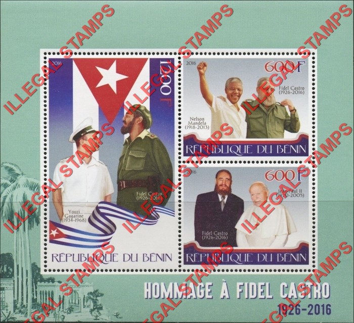 Benin 2016 Fidel Castro Illegal Stamp Souvenir Sheet of 3 Benin 2016 Fidel Castro Illegal Stamp Souvenir Sheet of 3