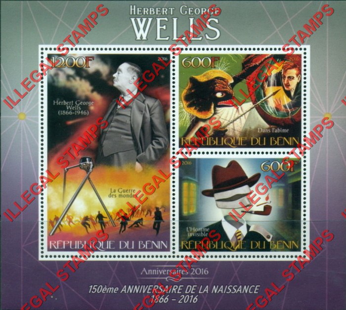 Benin 2016 H.G. Wells Illegal Stamp Souvenir Sheet of 3 Benin 2016 H.G. Wells Illegal Stamp Souvenir Sheet of 3