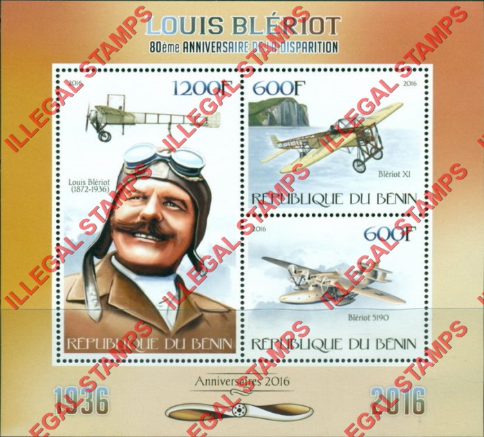 Benin 2016 Louis Bleriot Planes Illegal Stamp Souvenir Sheet of 3 Benin 2016 Louis Bleriot Planes Illegal Stamp Souvenir Sheet of 3