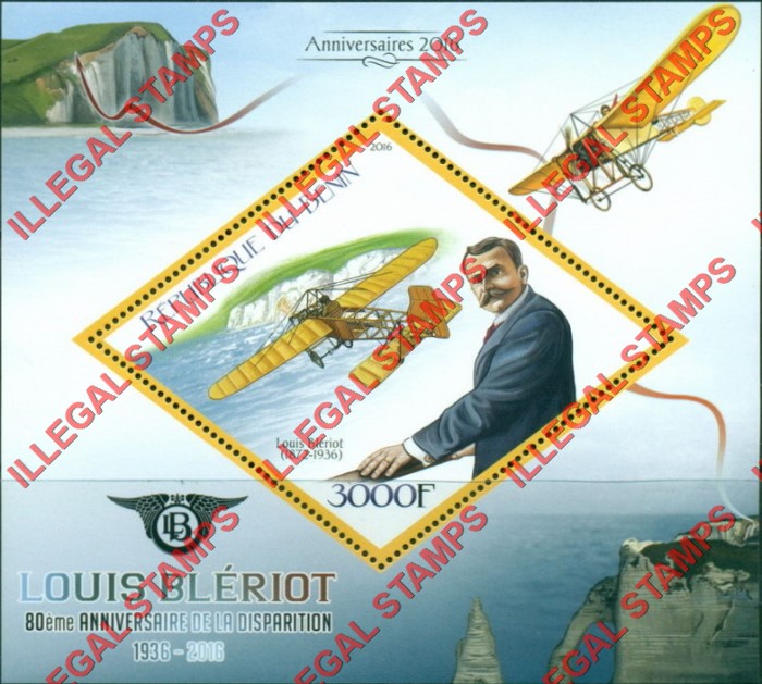 Benin 2016 Louis Bleriot Planes Illegal Stamp Souvenir Sheet of 1 Benin 2016 Louis Bleriot Planes Illegal Stamp Souvenir Sheet of 1