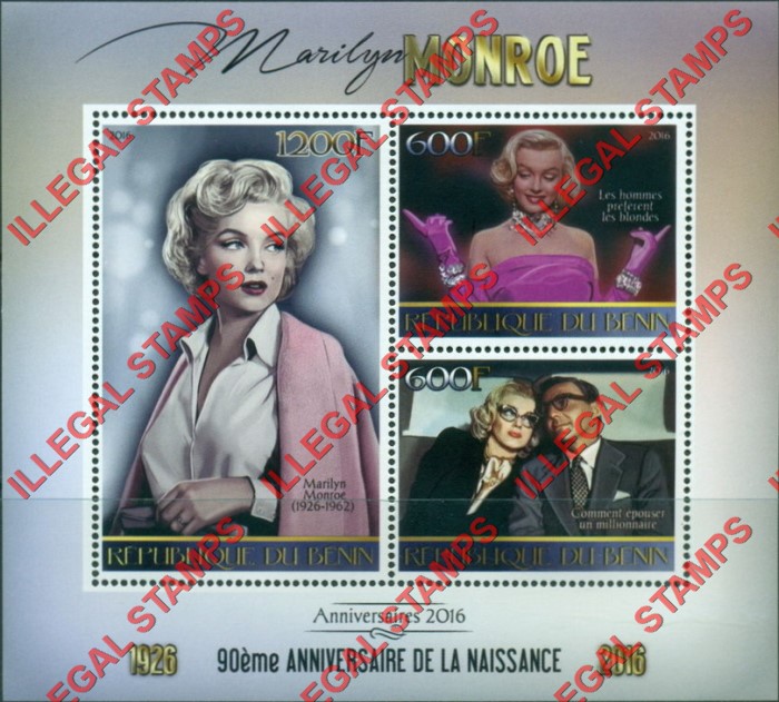 Benin 2016 Marilyn Monroe Illegal Stamp Souvenir Sheet of 3 Benin 2016 Marilyn Monroe Illegal Stamp Souvenir Sheet of 3