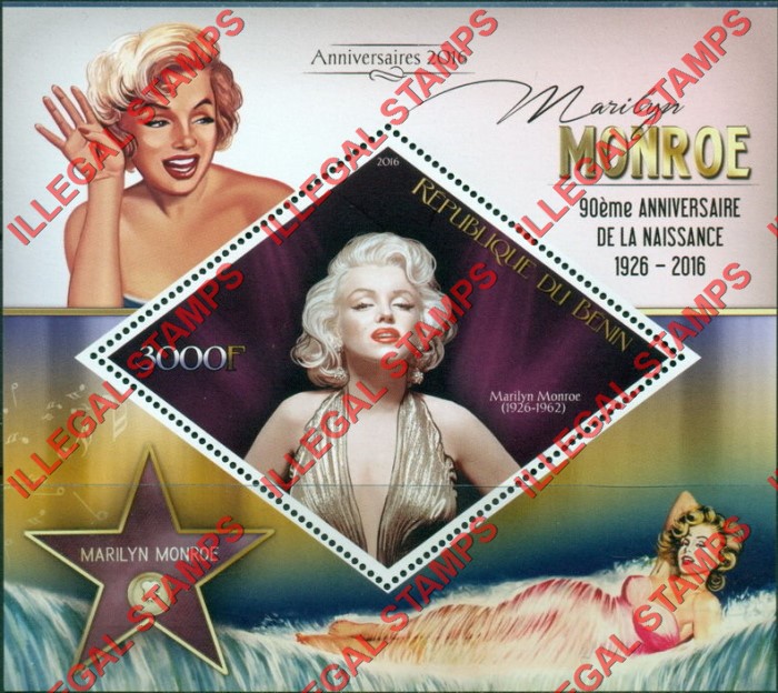 Benin 2016 Marilyn Monroe Illegal Stamp Souvenir Sheet of 1 Benin 2016 Marilyn Monroe Illegal Stamp Souvenir Sheet of 1