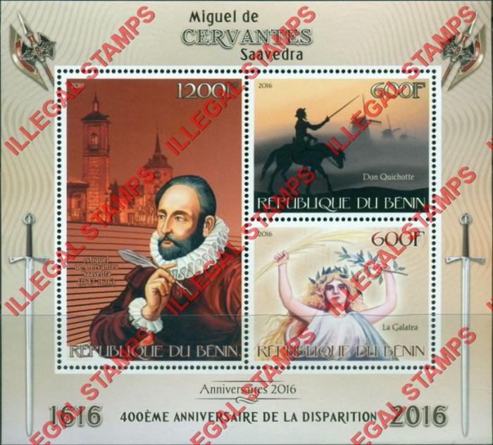 Benin 2016 Miguel de Cervantes Illegal Stamp Souvenir Sheet of 3 Benin 2016 Miguel de Cervantes Illegal Stamp Souvenir Sheet of 3