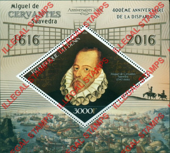 Benin 2016 Miguel de Cervantes Illegal Stamp Souvenir Sheet of 1 Benin 2016 Miguel de Cervantes Illegal Stamp Souvenir Sheet of 1