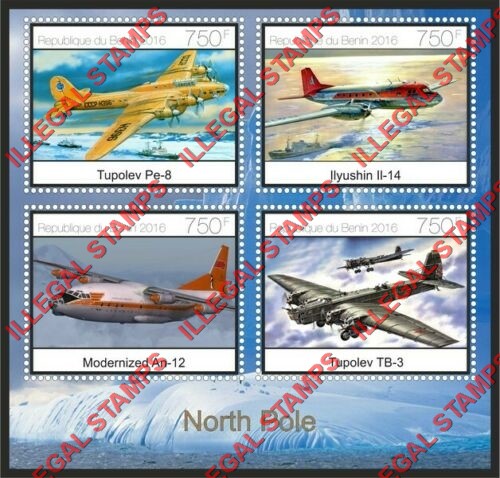 Benin 2016 North Pole Planes Illegal Stamp Souvenir Sheet of 4 Benin 2016 North Pole Planes Illegal Stamp Souvenir Sheet of 4