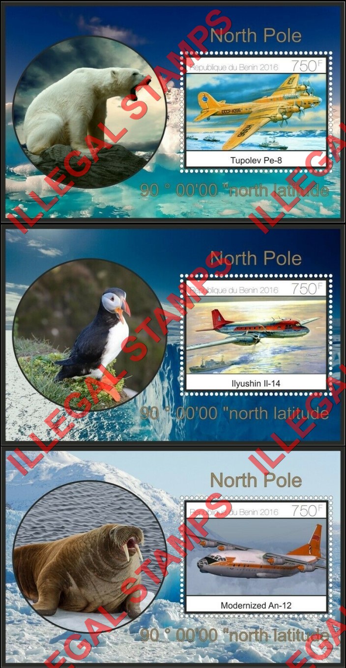 Benin 2016 North Pole Planes Illegal Stamp Souvenir Sheets of 1 (Part 1) Benin 2016 North Pole Planes Illegal Stamp Souvenir Sheets of 1 (Part 1)