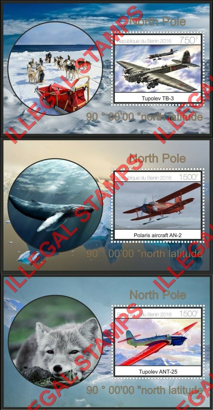 Benin 2016 North Pole Planes Illegal Stamp Souvenir Sheets of 1 (Part 2) Benin 2016 North Pole Planes Illegal Stamp Souvenir Sheets of 1 (Part 2)