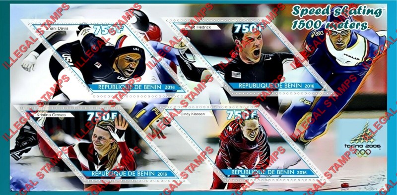 Benin 2016 Olympics Speed Skating Illegal Stamp Souvenir Sheet of 4 Benin 2016 Olympics Speed Skating Illegal Stamp Souvenir Sheet of 4