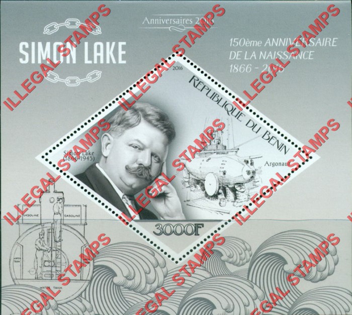 Benin 2016 Simon Lake Submarines Illegal Stamp Souvenir Sheet of 1 Benin 2016 Simon Lake Submarines Illegal Stamp Souvenir Sheet of 1
