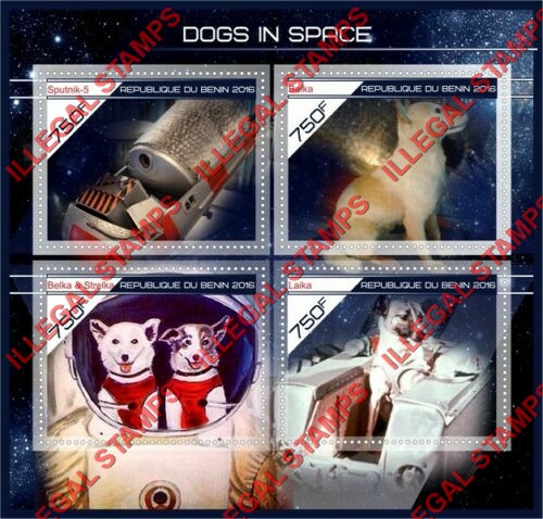 Benin 2016 Space Dogs in Space Illegal Stamp Souvenir Sheet of 4 Benin 2016 Space Dogs in Space Illegal Stamp Souvenir Sheet of 4