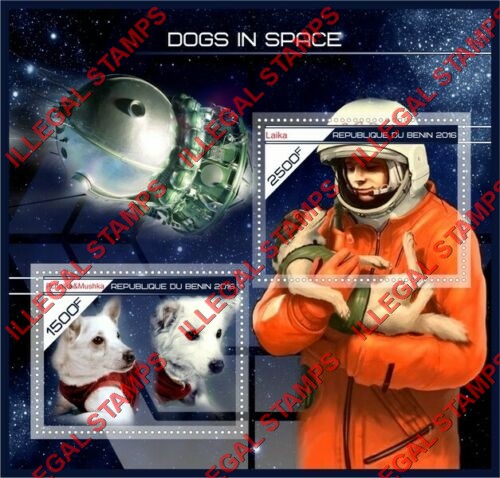 Benin 2016 Space Dogs in Space Illegal Stamp Souvenir Sheet of 2 Benin 2016 Space Dogs in Space Illegal Stamp Souvenir Sheet of 2