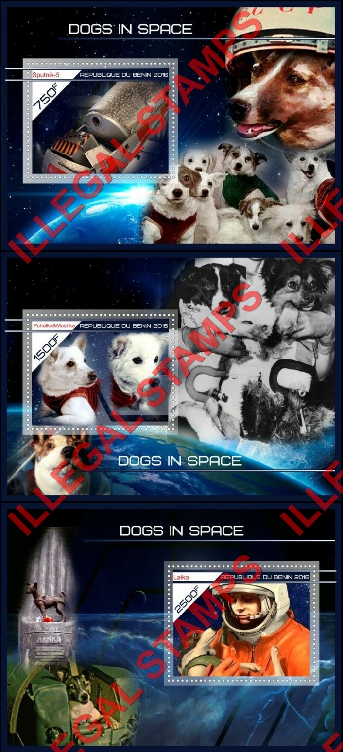 Benin 2016 Space Dogs in Space Illegal Stamp Souvenir Sheets of 1 (Part 2) Benin 2016 Space Dogs in Space Illegal Stamp Souvenir Sheets of 1 (Part 2)