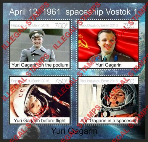 Benin 2016 Yuri Gagarin Illegal Stamp Souvenir Sheet of 4 Benin 2016 Yuri Gagarin Illegal Stamp Souvenir Sheet of 4