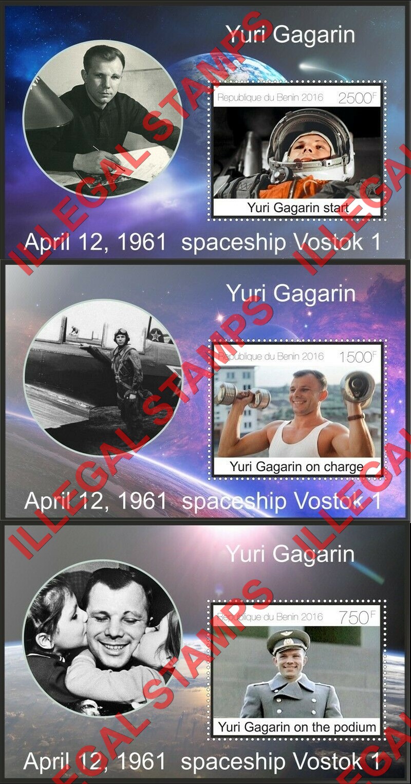 Benin 2016 Yuri Gagarin Illegal Stamp Souvenir Sheets of 1 (Part 1) Benin 2016 Yuri Gagarin Illegal Stamp Souvenir Sheets of 1 (Part 1)