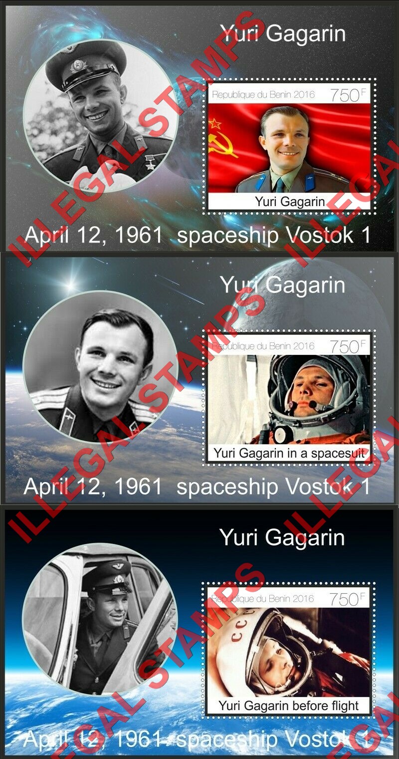 Benin 2016 Yuri Gagarin Illegal Stamp Souvenir Sheets of 1 (Part 2) Benin 2016 Yuri Gagarin Illegal Stamp Souvenir Sheets of 1 (Part 2)