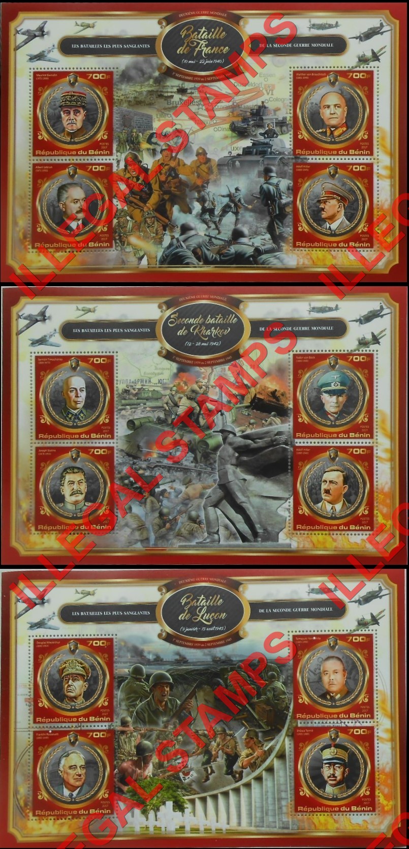 Benin 2017 Battles of World War II Illegal Stamp Souvenir Sheets of 4 (Part 2) Benin 2017 Battles World War II Illegal Stamp Souvenir Sheets of 4 (Part 2)