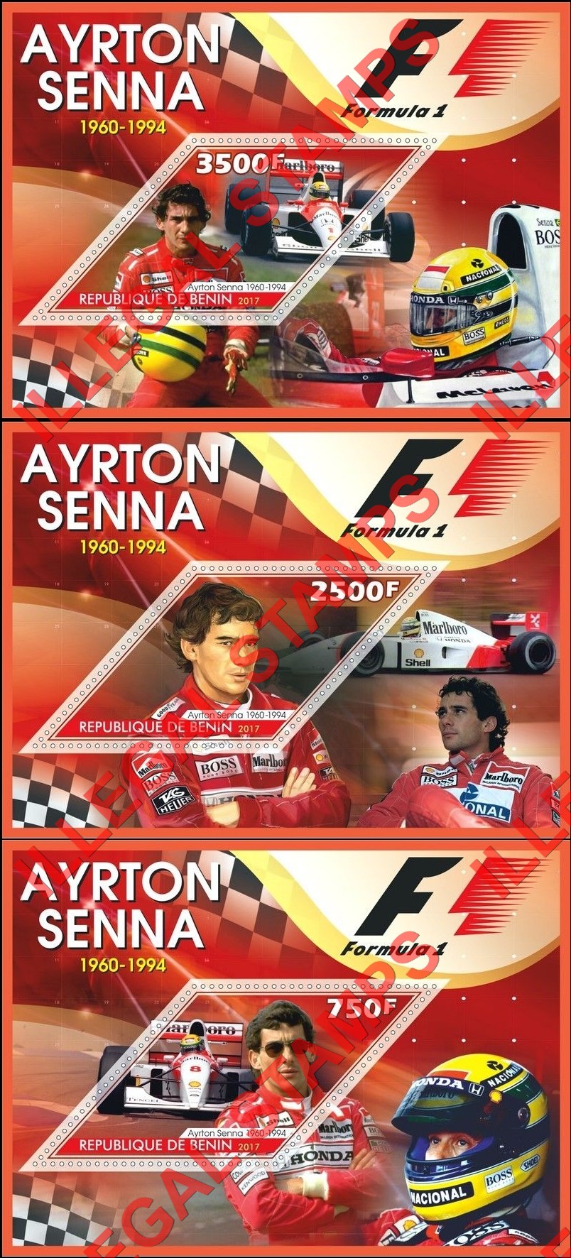 Benin 2017 Formula I Ayrton Senna Illegal Stamp Souvenir Sheets of 1 (Part 1) Benin 2017 Formula I Ayrton Senna Illegal Stamp Souvenir Sheets of 1 (Part 1)