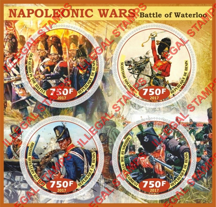 Benin 2017 Napoleonic Wars Battle of Waterloo Illegal Stamp Souvenir Sheet of 4 Benin 2017 Napoleonic Wars Battle of Waterloo Illegal Stamp Souvenir Sheet of 4