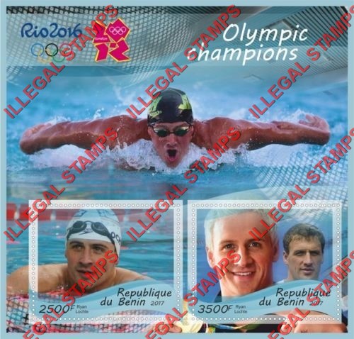 Benin 2017 Olympic Champions Rio Swimming Ryan Lochte Illegal Stamp Souvenir Sheet of 2 Benin 2017 Olympic Champions Rio Swimming Ryan Lochte Illegal Stamp Souvenir Sheet of 2