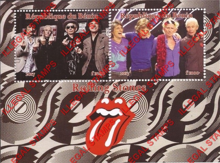 Benin 2017 The Rolling Stones Illegal Stamp Souvenir Sheet of 2 Benin 2017 The Rolling Stones Illegal Stamp Souvenir Sheet of 2