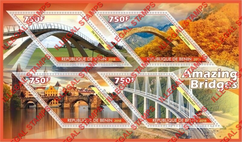 Benin 2018 Amazing Bridges Illegal Stamp Souvenir Sheet of 4 Benin 2018 Amazing Bridges Illegal Stamp Souvenir Sheet of 4