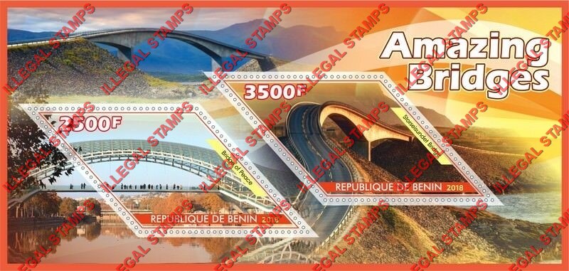 Benin 2018 Amazing Bridges Illegal Stamp Souvenir Sheet of 2 Benin 2018 Amazing Bridges Illegal Stamp Souvenir Sheet of 2
