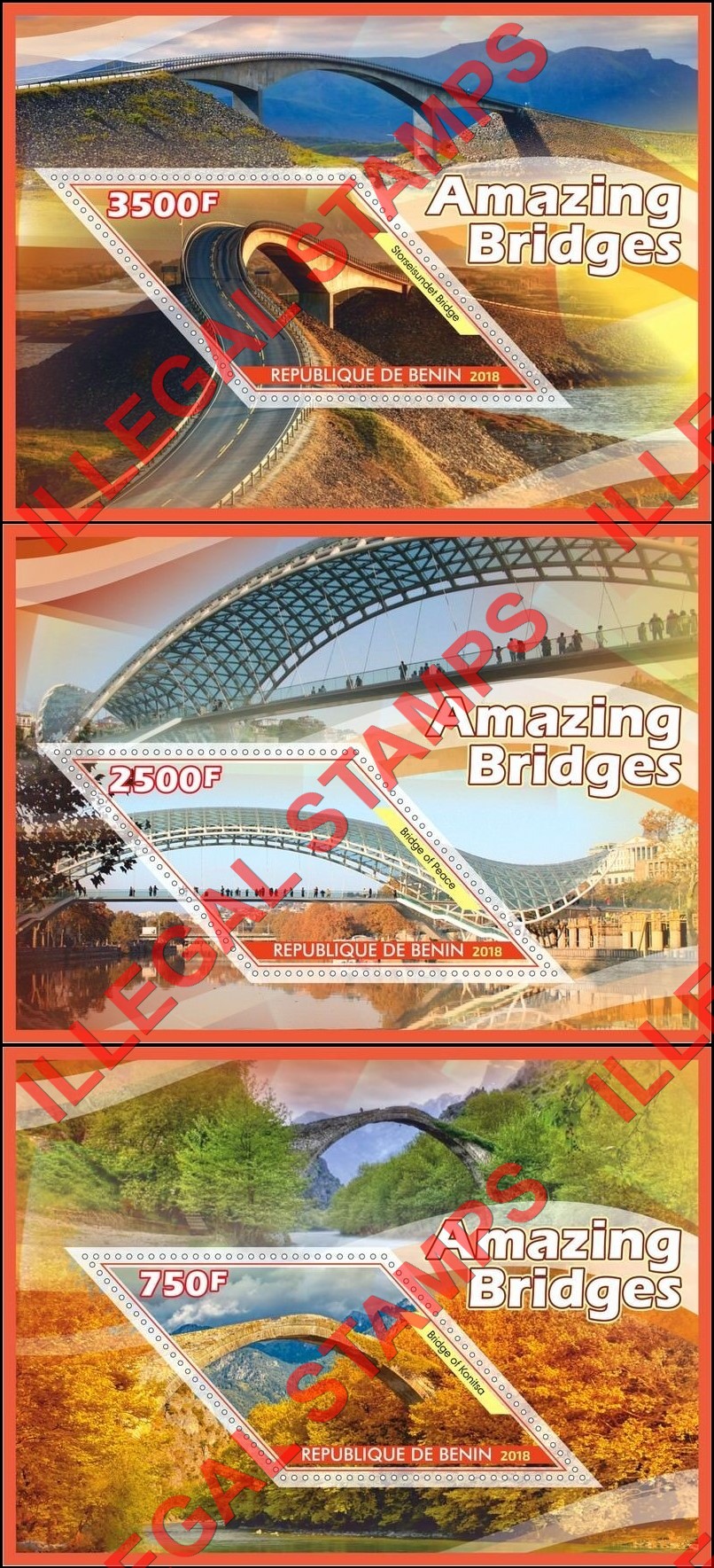 Benin 2018 Amazing Bridges Illegal Stamp Souvenir Sheets of 1 (Part 1) Benin 2018 Amazing Bridges Illegal Stamp Souvenir Sheets of 1 (Part 1)