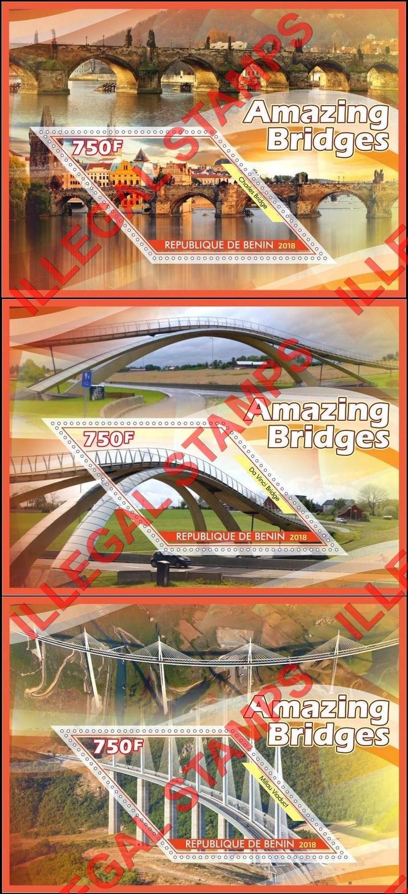 Benin 2018 Amazing Bridges Illegal Stamp Souvenir Sheets of 1 (Part 2) Benin 2018 Amazing Bridges Illegal Stamp Souvenir Sheets of 1 (Part 2)