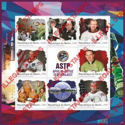 Benin 2018 Apollo Soyuz Test Project Illegal Stamp Souvenir Sheet of 8 Plus Label Benin 2018 Apollo Soyuz Test Project Illegal Stamp Souvenir Sheet of 8 Plus Label